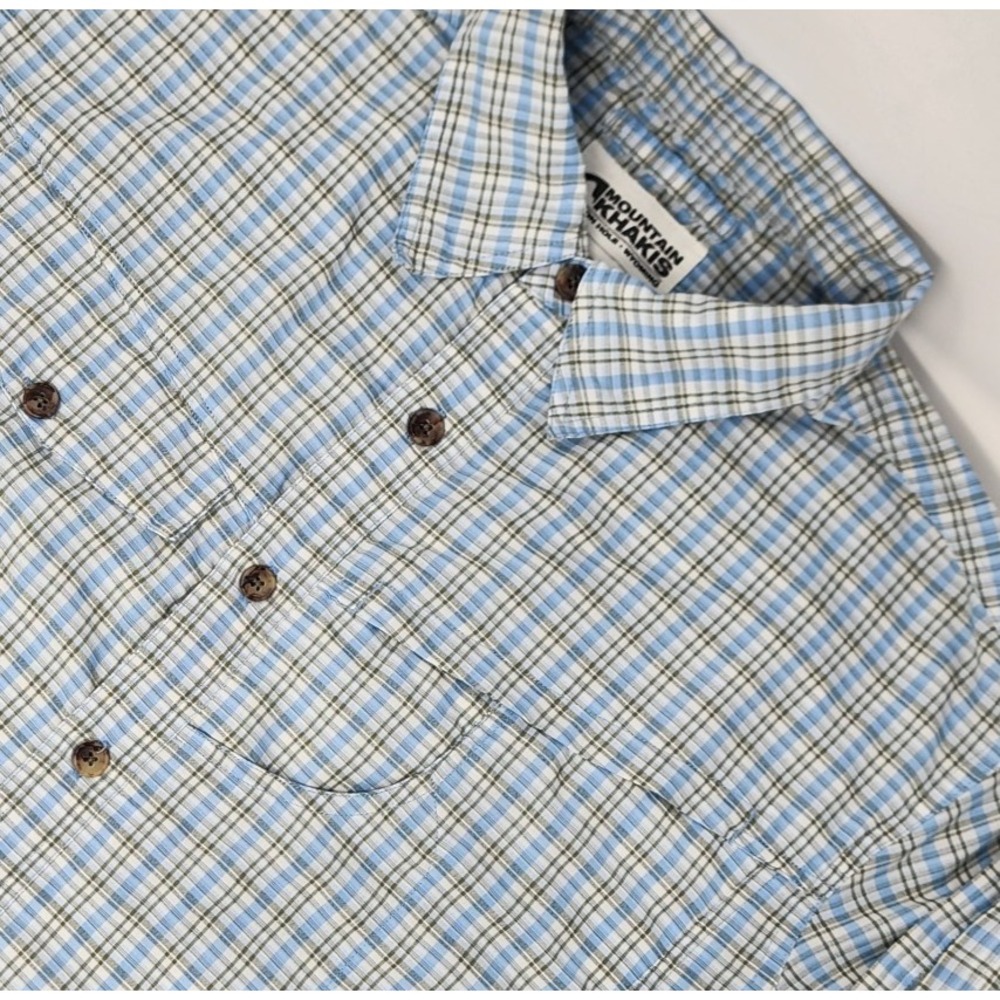Mountain Khakis Short Sleeve Shirt Mens Size Medium Blue Plaid Utliity Fish Hike